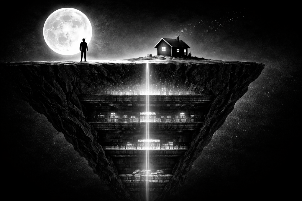 満月の下に浮かぶ断崖と家、その内部に三層構造と中央の光柱が描かれた信用創造と金融秩序の力学を象徴するモノクロ構図