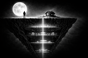 満月の下に浮かぶ断崖と家、その内部に三層構造と中央の光柱が描かれた信用創造と金融秩序の力学を象徴するモノクロ構図