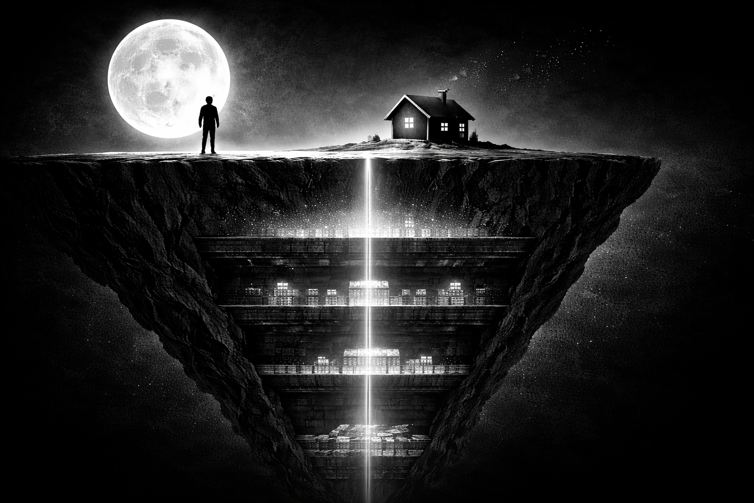 満月の下に浮かぶ断崖と家、その内部に三層構造と中央の光柱が描かれた信用創造と金融秩序の力学を象徴するモノクロ構図