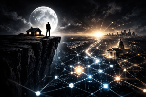 満月を背に崖の上に立つ人物と家、その下層に広がるブロックチェーンネットワークと制度建築を描いた