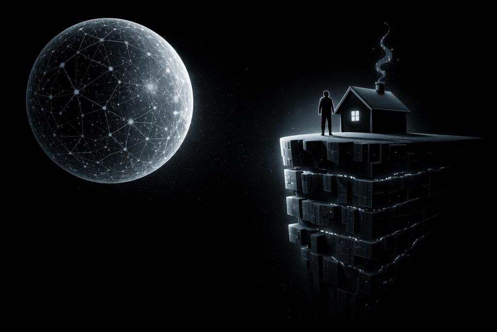 月のような巨大な幾何学的球体を背に、ブロック層で構成された崖の上に立つ人物と家が描かれた、通貨安全性の構造を象徴するイメージ