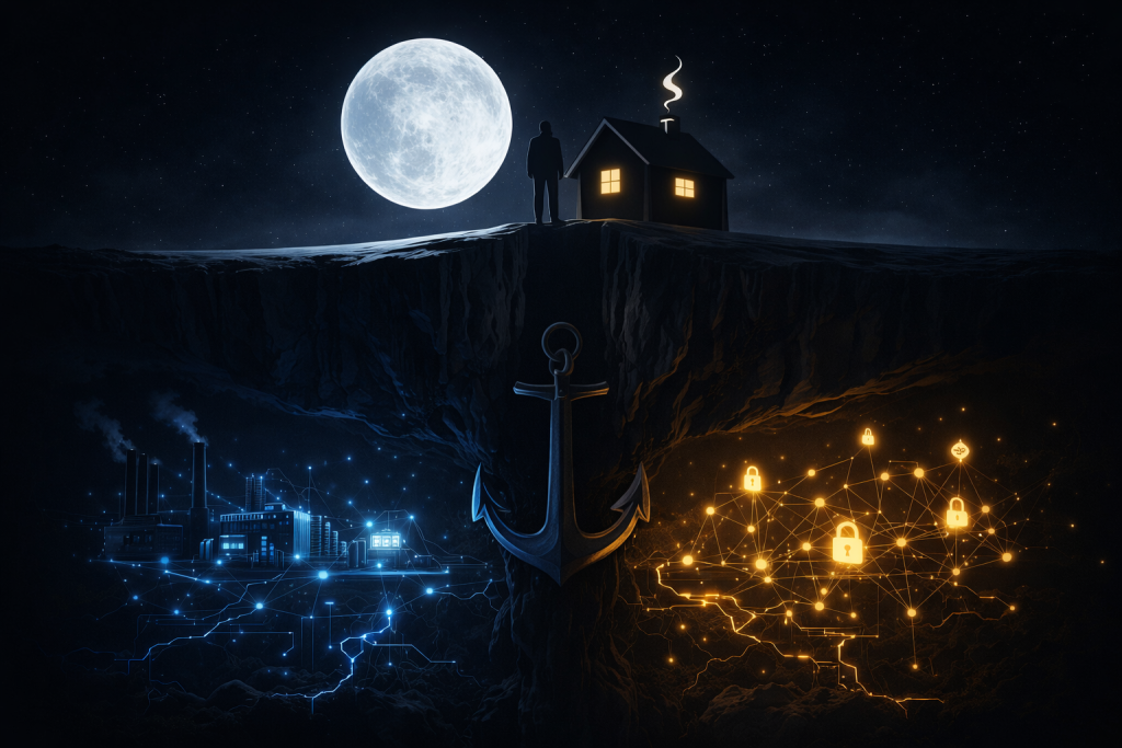 満月の下、崖の上に立つ家と人物のシルエットの下に、エネルギー構造と資本ネットワークが対比的に広がる信用アンカーの概念図