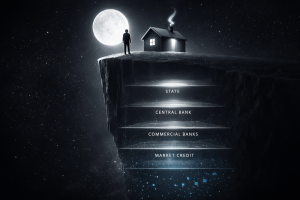 崖の断面に国家信用から市場信用までの階層構造が描かれ、最下層に暗号資産が発光する制度構造の概念図