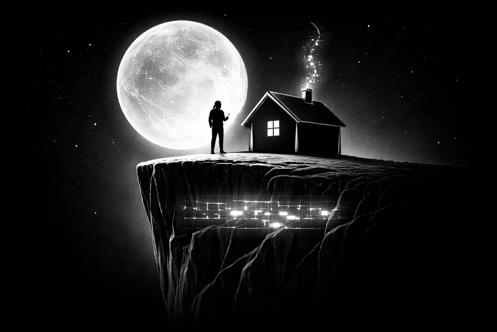 月を背に崖の上の家と人物が立ち、断面にブロック構造が浮かぶ長期保有戦略を象徴