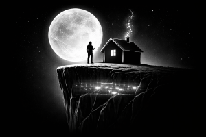 月を背に崖の上の家と人物が立ち、断面にブロック構造が浮かぶ長期保有戦略を象徴