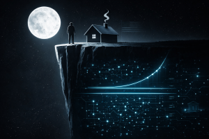 満月の下、崖の上に立つ人物と家のシルエット、その地下に広がる発光するブロックチェーン構造と供給曲線が描かれ、国家と暗号資産の貨幣供給設計の対比を象徴する構図