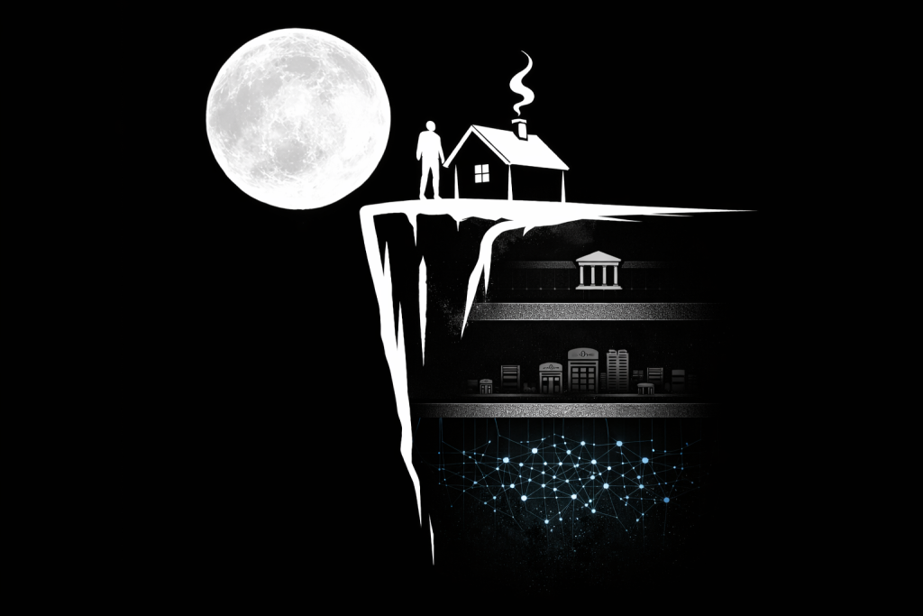 満月の下、崖の上に立つ人物と家、その断面の下に国家制度と信用ネットワークの層が描かれた通貨と国家信用の構造を象徴