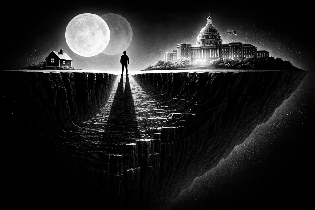 黒と白の対比で描かれた夜の崖の上に立つ人物と家、背後に巨大な満月が浮かび、左右非対称に広がる断崖が国家パワーと通貨覇権の長期構造を象徴しているイメージ