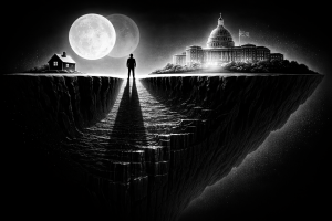 黒と白の対比で描かれた夜の崖の上に立つ人物と家、背後に巨大な満月が浮かび、左右非対称に広がる断崖が国家パワーと通貨覇権の長期構造を象徴しているイメージ