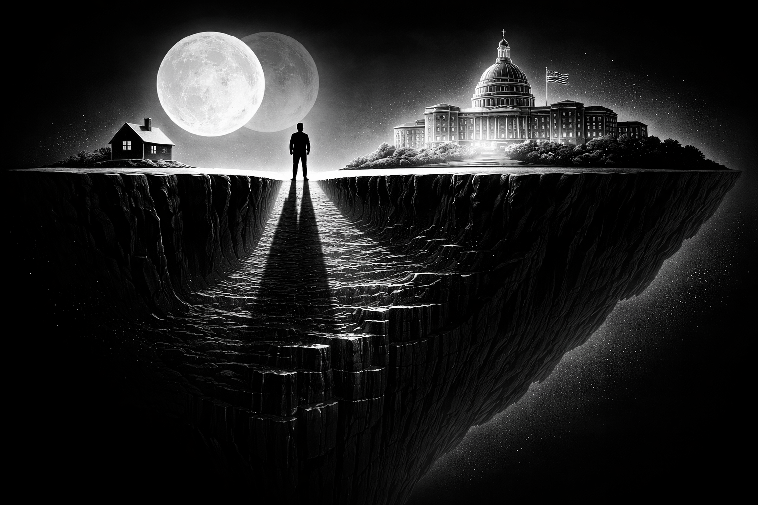 黒と白の対比で描かれた夜の崖の上に立つ人物と家、背後に巨大な満月が浮かび、左右非対称に広がる断崖が国家パワーと通貨覇権の長期構造を象徴しているイメージ