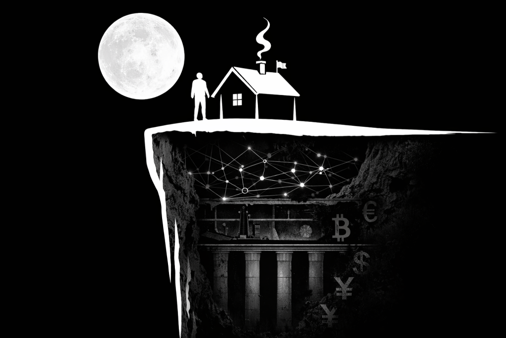満月の夜、崖の上の家と人物の下に金融ネットワークと支柱構造が広がり、国家と通貨の不可分な基盤を象徴する断面構図