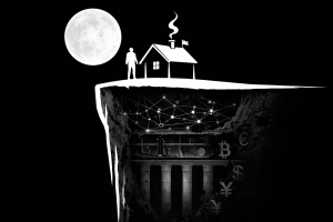 満月の夜、崖の上の家と人物の下に金融ネットワークと支柱構造が広がり、国家と通貨の不可分な基盤を象徴する断面構図