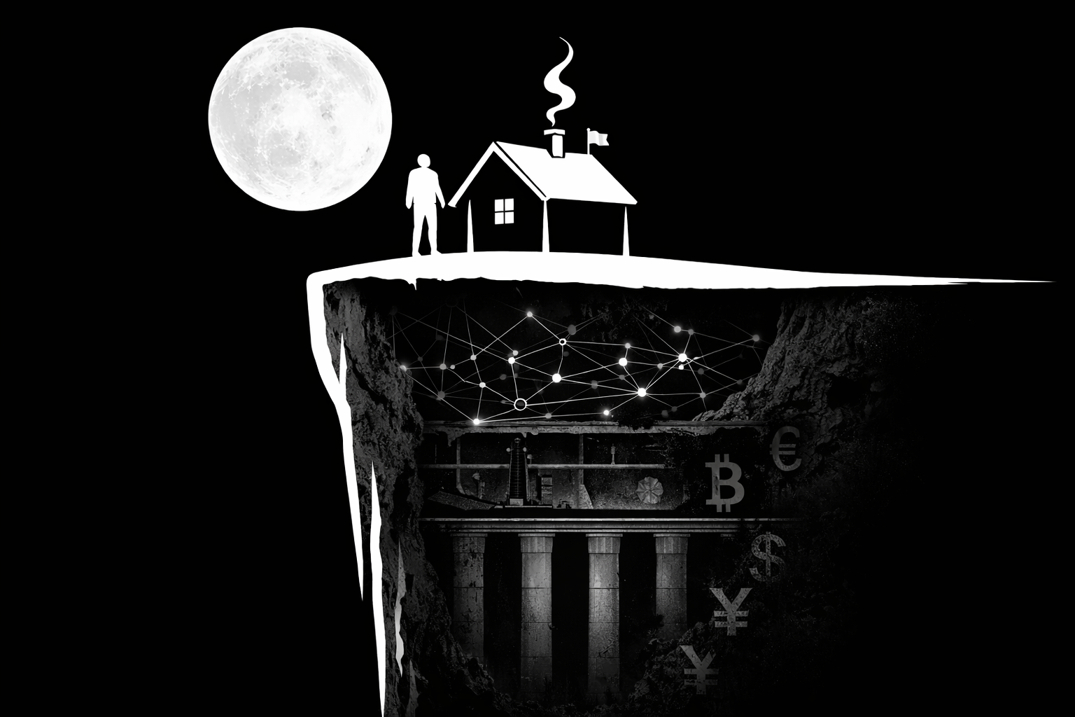 満月の夜、崖の上の家と人物の下に金融ネットワークと支柱構造が広がり、国家と通貨の不可分な基盤を象徴する断面構図