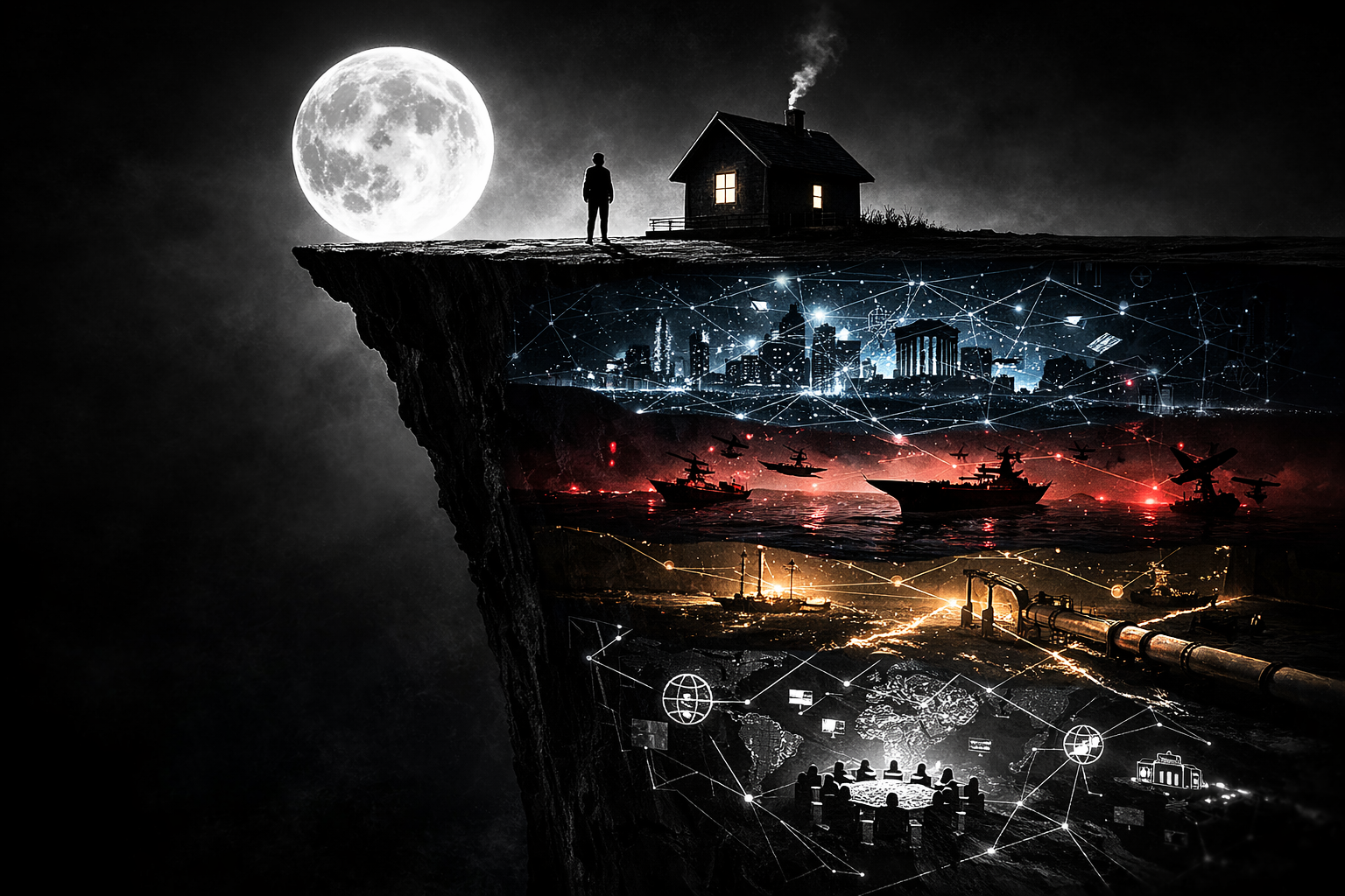 満月の下の崖の上に立つ人物と家、その内部に金融、軍事、資源、制度の層が透過表示された国家パワー構造とドル覇権を象徴する横長ビジュアル