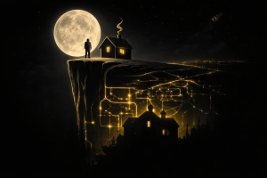 満月の下で崖の上に立つ人物と家、その地下に広がる発光ネットワークと巨大な影が地政学と通貨覇権の構造的結合を象徴