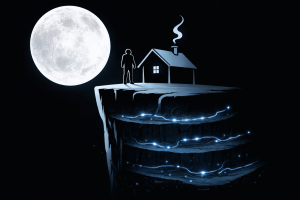 満月の夜、崖の上に立つ人物と家のシルエット。その断面は三層構造になっており、内部を青白い光の流れが走ることで、金利・信用・流動性の循環構造を象徴している。