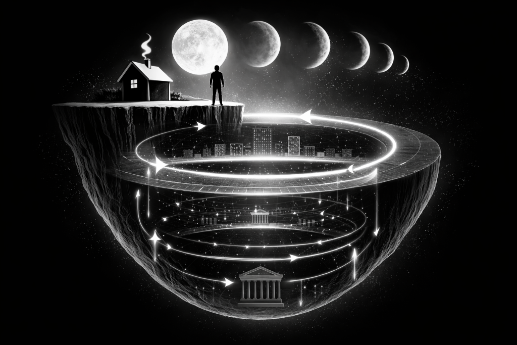満月の下で崖の上に立つ人物の足元に多層の円環構造が広がり、都市層、制度層、中央銀行建築が階層的に配置され、光の矢印が循環することで金利と資本循環の長期構造モデルを表現したモノクロ画像