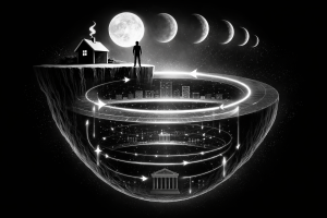 満月の下で崖の上に立つ人物の足元に多層の円環構造が広がり、都市層、制度層、中央銀行建築が階層的に配置され、光の矢印が循環することで金利と資本循環の長期構造モデルを表現したモノクロ画像