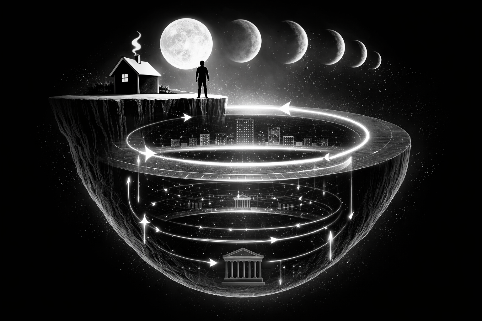 満月の下で崖の上に立つ人物の足元に多層の円環構造が広がり、都市層、制度層、中央銀行建築が階層的に配置され、光の矢印が循環することで金利と資本循環の長期構造モデルを表現したモノクロ画像