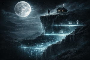 崖の上の人物と家、その地下に三層の信用構造が広がる夜景