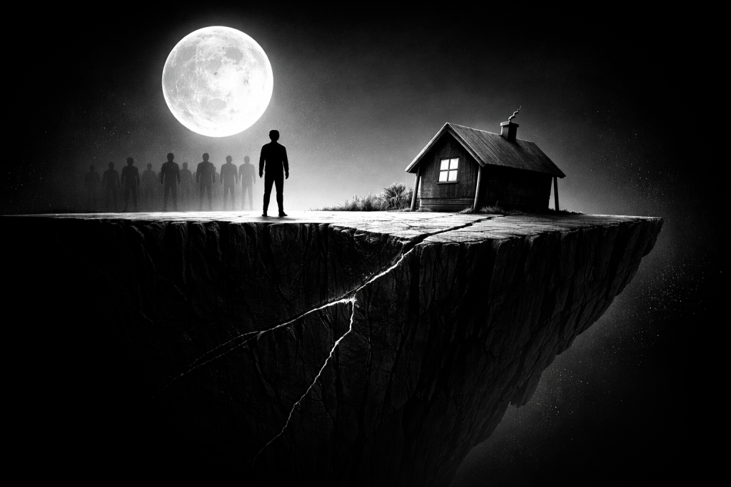 満月の下で断崖の上に立つ人物と小屋、背後に複数の人影が並び、崖に亀裂が走る構図で、信用と通貨の正当性が揺らぐ構造的緊張を表現したモノクロ画像