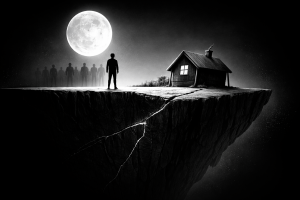 満月の下で断崖の上に立つ人物と小屋、背後に複数の人影が並び、崖に亀裂が走る構図で、信用と通貨の正当性が揺らぐ構造的緊張を表現したモノクロ画像