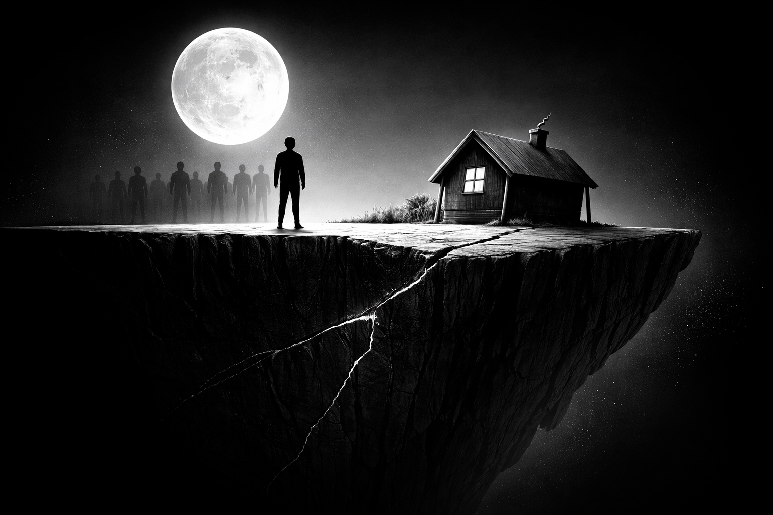 満月の下で断崖の上に立つ人物と小屋、背後に複数の人影が並び、崖に亀裂が走る構図で、信用と通貨の正当性が揺らぐ構造的緊張を表現したモノクロ画像