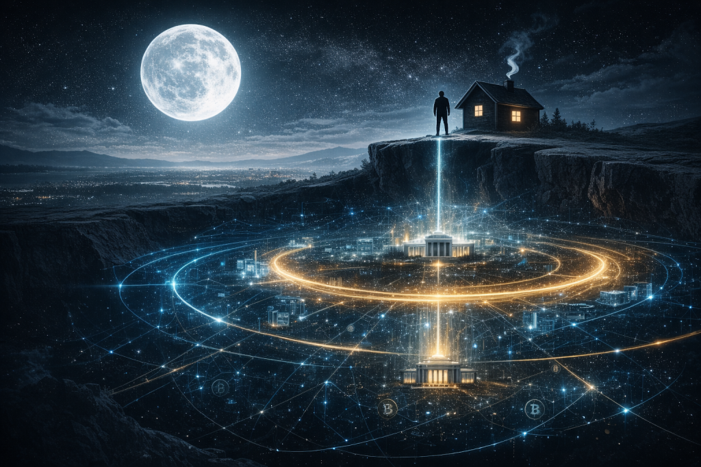 満月の下、崖の上の人物と家の下に三層の信用構造と中央銀行を中心とした発光する資本循環リングが広がる長期資本循環モデルのイメージ