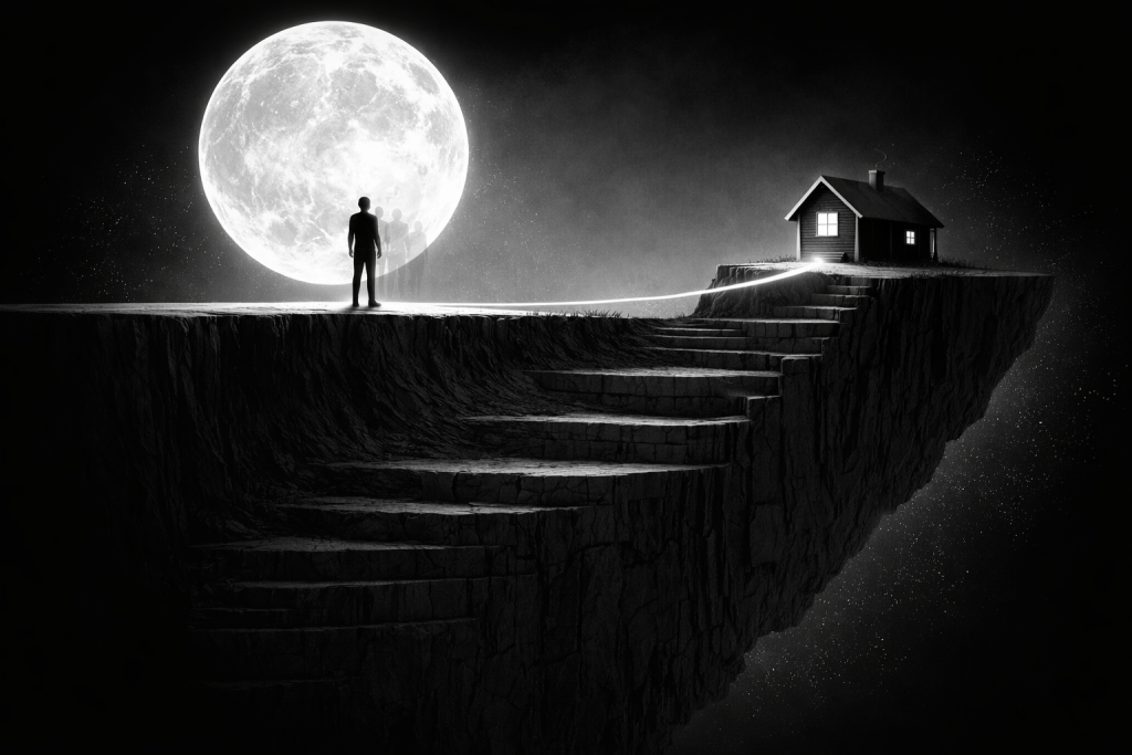 満月を背に断崖の上に立つ人物と対岸の小屋へ続く階段と光の道を描き、長期構造に基づく資産設計の道筋を象徴したモノクロイメージ