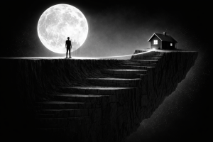 満月を背に断崖の上に立つ人物と対岸の小屋へ続く階段と光の道を描き、長期構造に基づく資産設計の道筋を象徴したモノクロイメージ