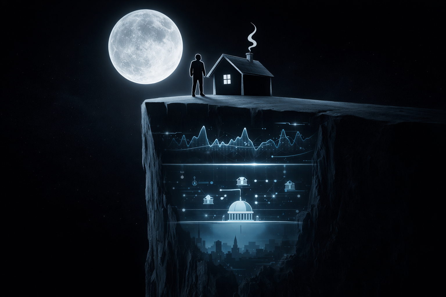満月の下、崖の上に立つ人物と家のシルエット。その下には半透明の層構造が広がり、国家主権、中央銀行、商業銀行、金融市場を含む隠れた信用創造システムが可視化されている。