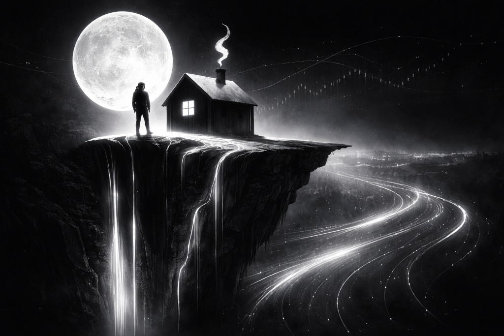 月明かりの崖の上に立つ観測者と家の下で光の流れが交差する実質金利と資本移動の構造を象徴