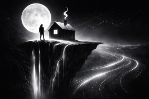 月明かりの崖の上に立つ観測者と家の下で光の流れが交差する実質金利と資本移動の構造を象徴