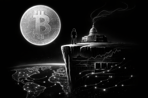 基軸通貨を象徴する巨大なコインの下で、崖の上に立つ人物と国家中枢の建物、その内部に軍事・資源・金融構造が描かれた世界秩序の構造図