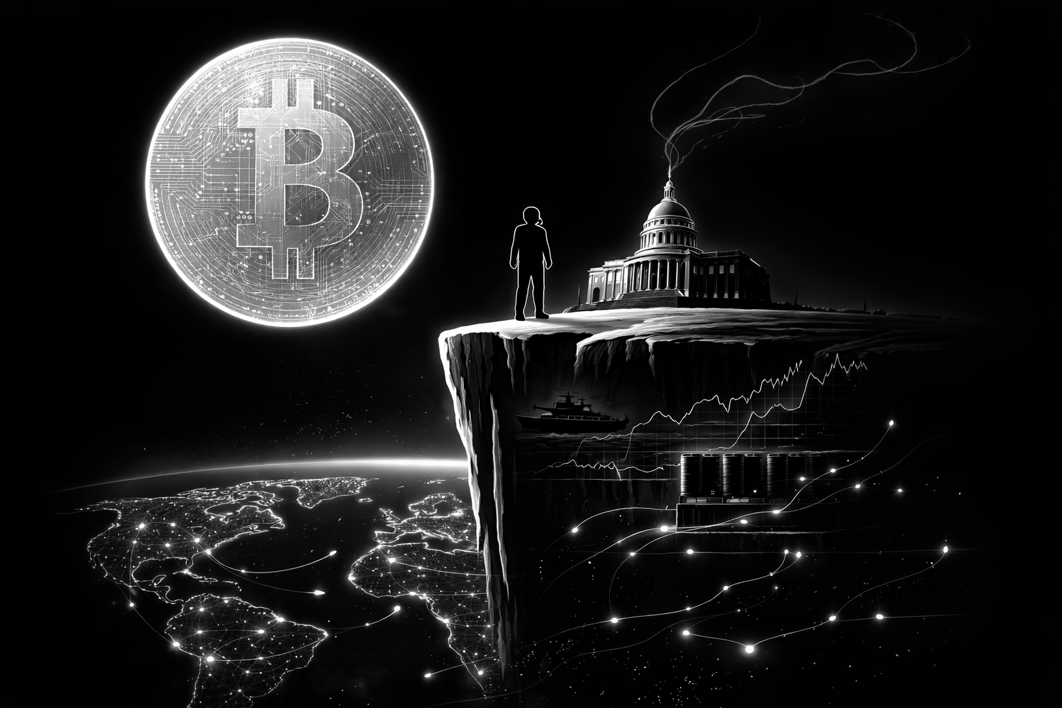 基軸通貨を象徴する巨大なコインの下で、崖の上に立つ人物と国家中枢の建物、その内部に軍事・資源・金融構造が描かれた世界秩序の構造図