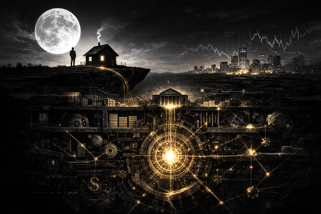 満月の夜に崖の上の家と人物が立ち、その地下に巨大な信用創造構造と金色のネットワークが広がる長期資産配分の概念図