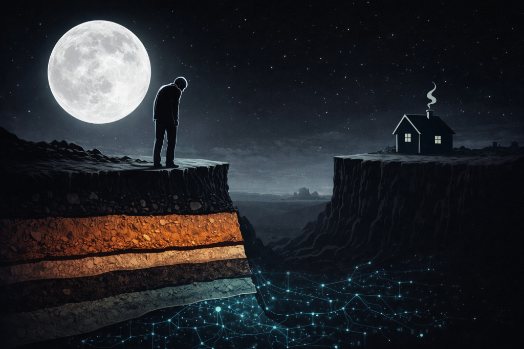 黒い夜空と満月を背景に、断層で割れた崖の上に立つ人物と家、その地下に層構造とネットワークが描かれた構造変化と分散設計を象徴