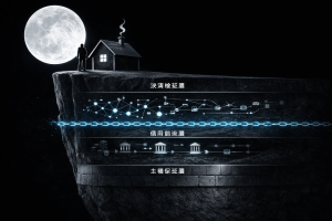 満月の下の崖上に立つ家と人物の断面図で、地下に決済検証層、信用創造層、主権保証層の三層構造が描かれ、発光するブロックチェーンが上層のみを横断している金融インフラ概念図